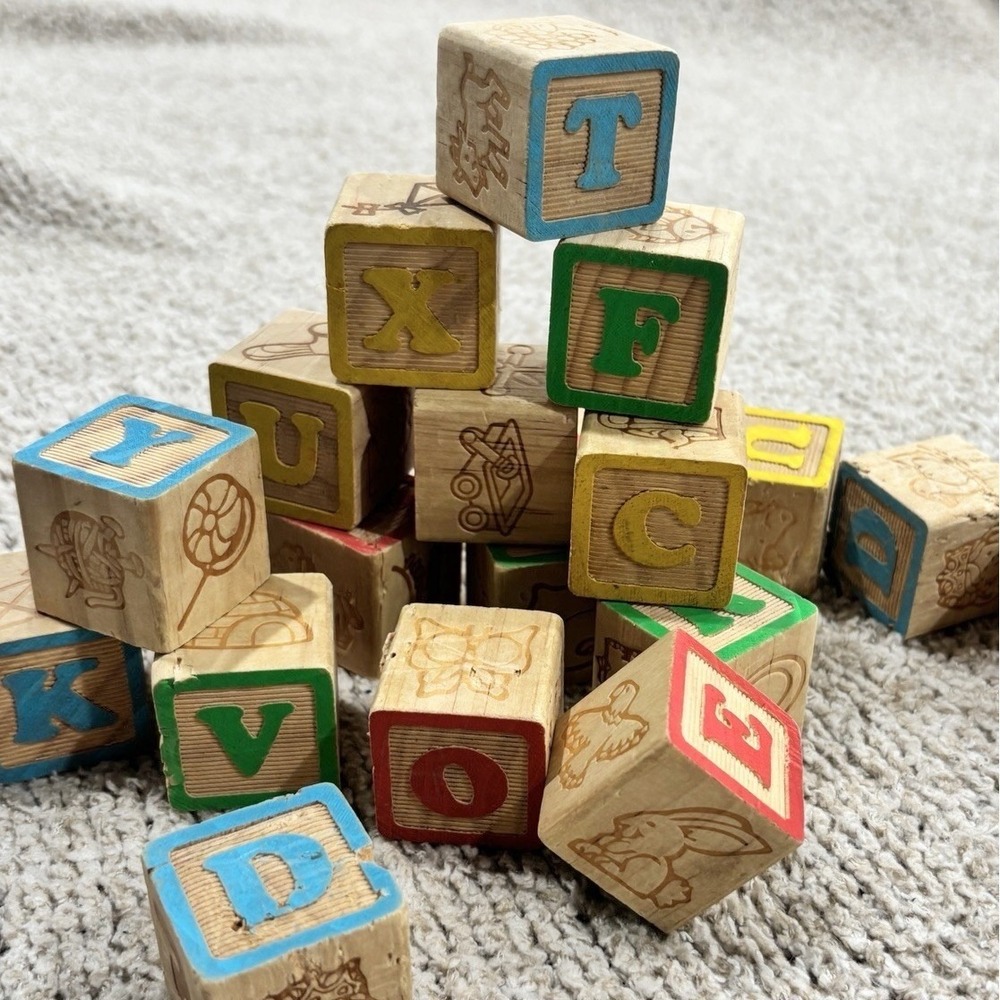 Kids Wood Alphabet Blocks Assorted Set of 20 Vtg Classic Ed Toy‎ Multicolor